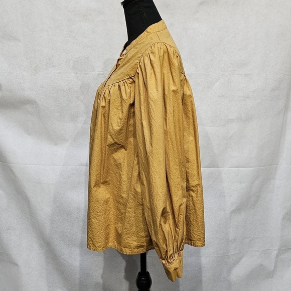 Oversized Gathered Yoke Line Mustard Button Up Blouse 100% Cotton Size Lg - Picture 3 of 7